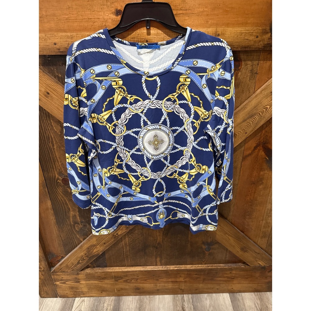 J.McLaughlin Nautical Chain Rope Print Top Navy Blue XL 3/4 Sleeve Stretch